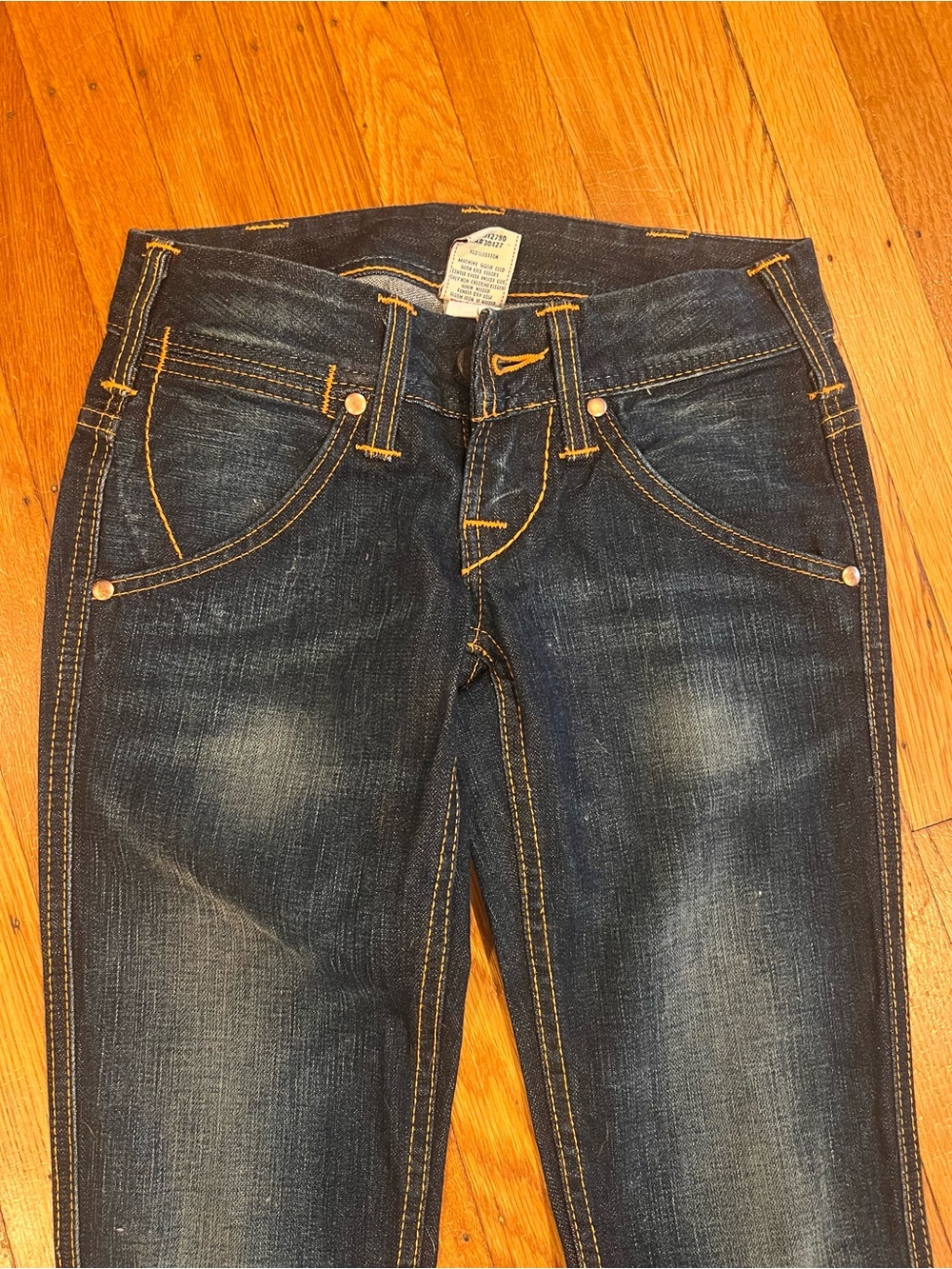 True Religion Dark Blue Denim Flare Jeans with Gold Stitching